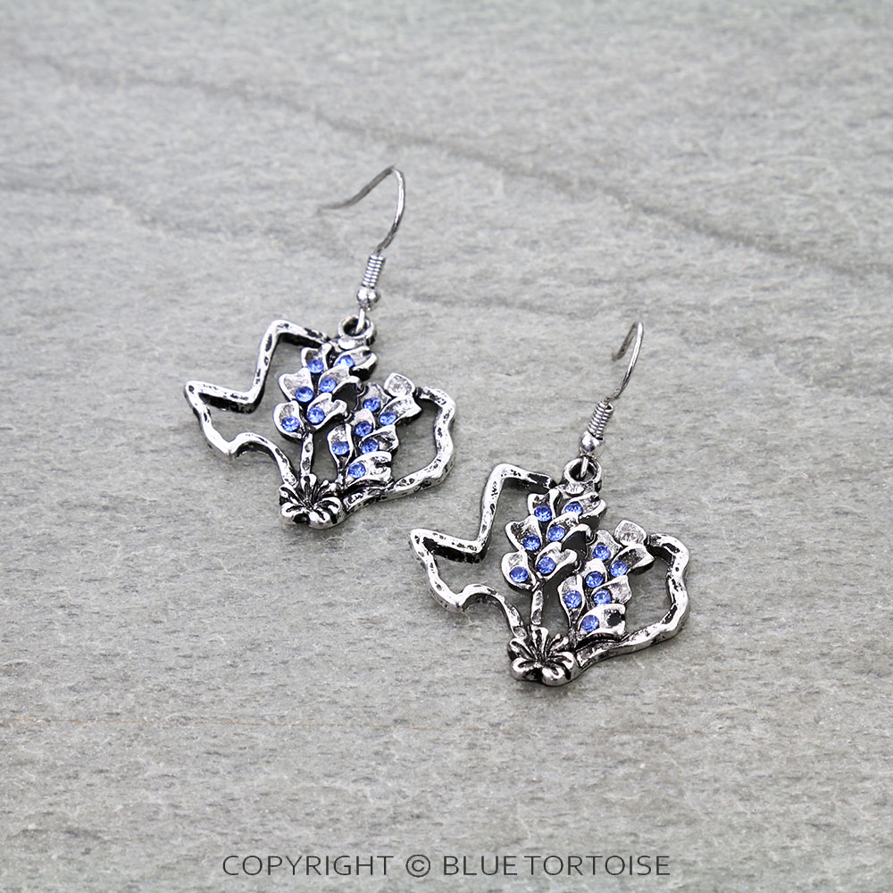 Blue Bonnet Texas Map Dangle Earrings