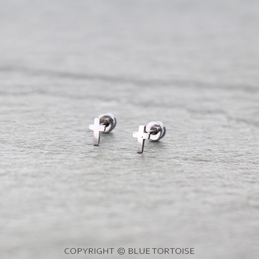 Stainless Cross Flat Back Sleeper Earrings