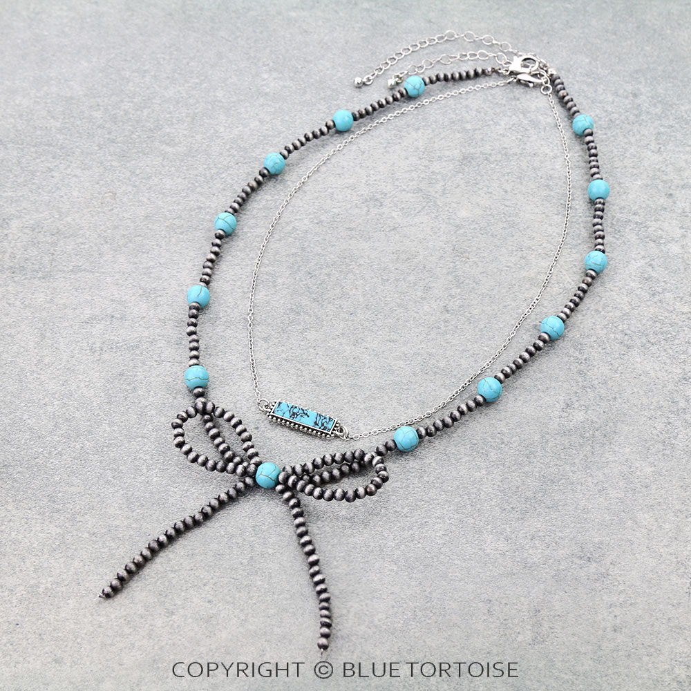 Layered Navajo Style Pearl & Bead & Stone Bar Bow Necklace