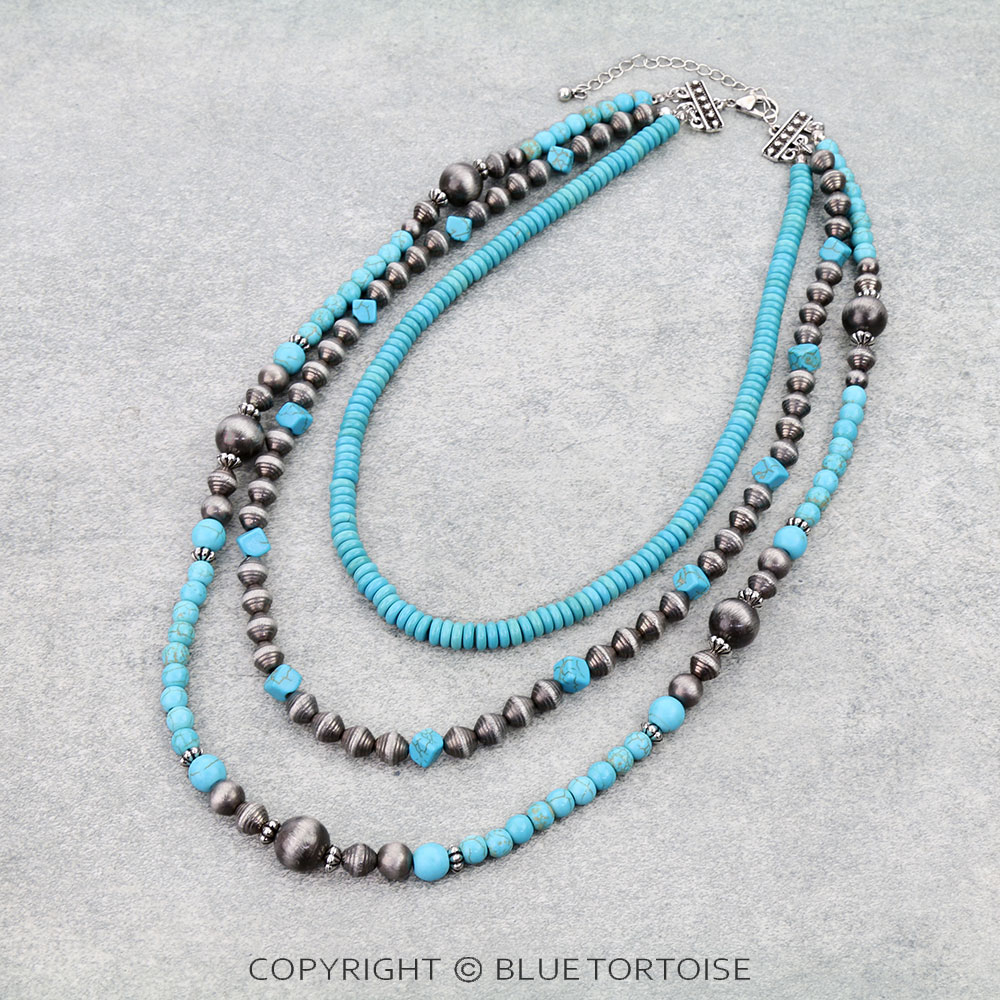 3 Layered Navajo Style Pearl and Bead Necklace