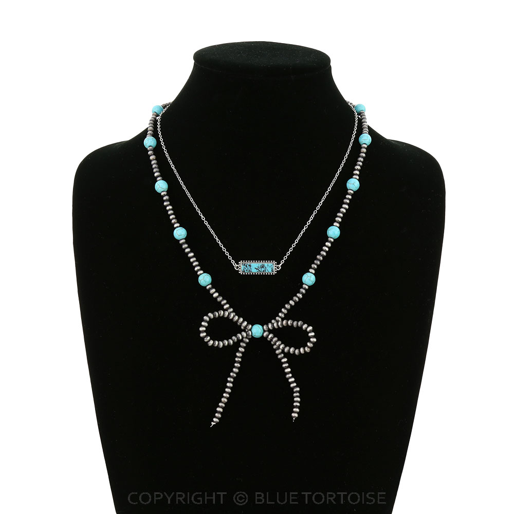 Layered Navajo Style Pearl & Bead & Stone Bar Bow Necklace - Image 2