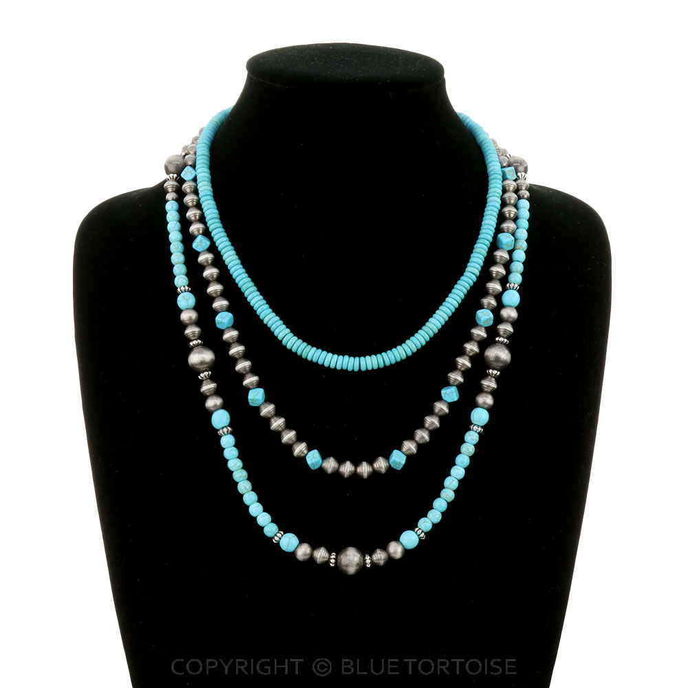 3 Layered Navajo Style Pearl and Bead Necklace - Image 2