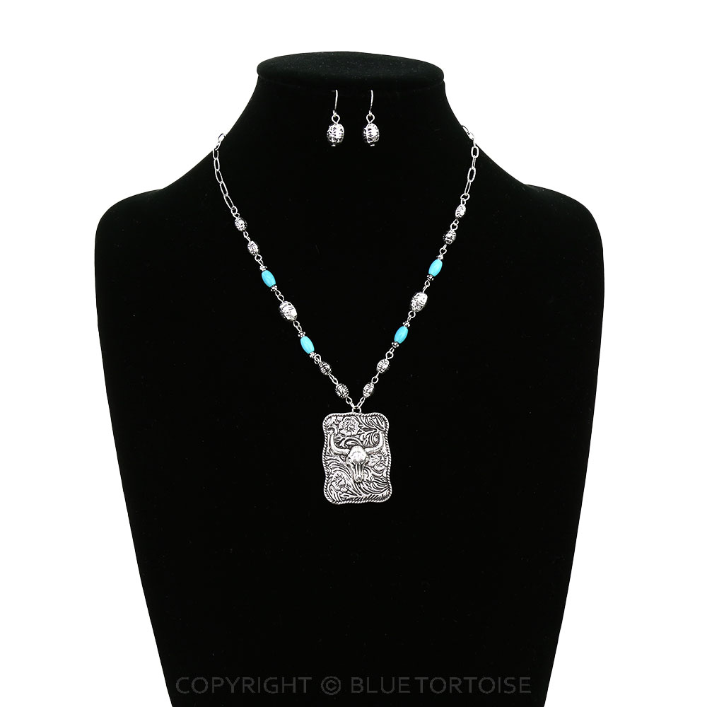 Western Steer Skull Plate Necklace Set - Image 2