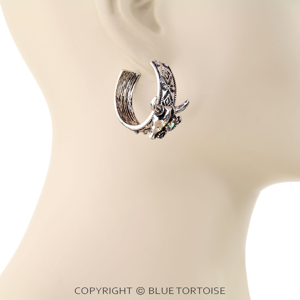 Western Steer Skull Hoop Earrings - Image 2