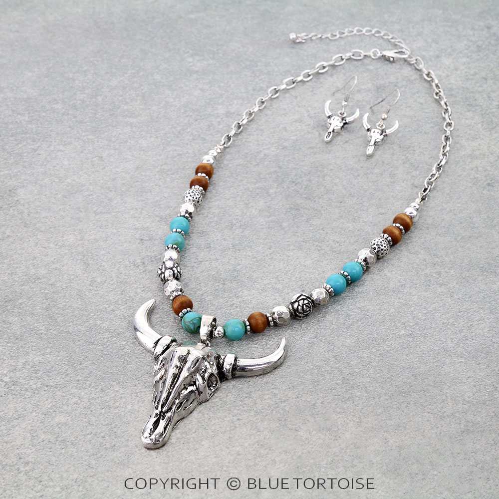 Western Steer Skull Pendant Necklace Set