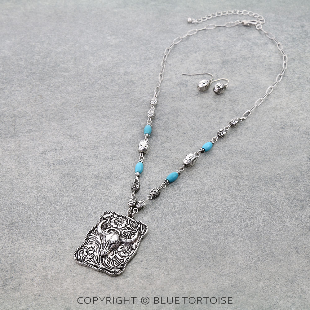 Western Steer Skull Plate Necklace Set