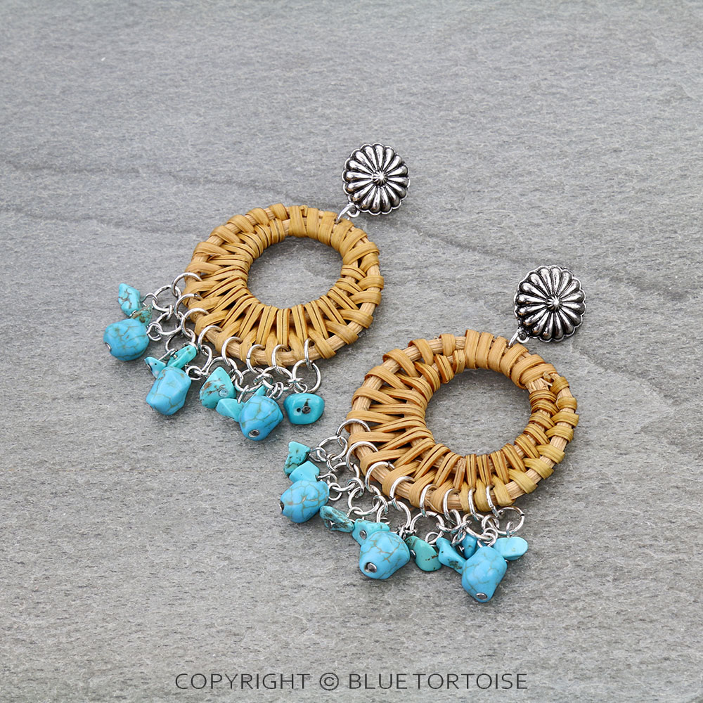Round Raffia Weaved Stone & Concho Stud Earrings