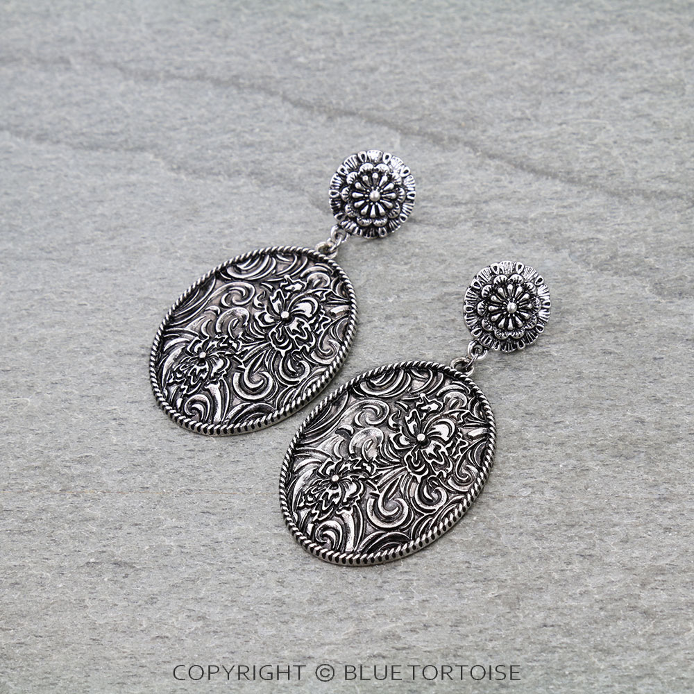 Western Flower Etched Oval Stud Earrings