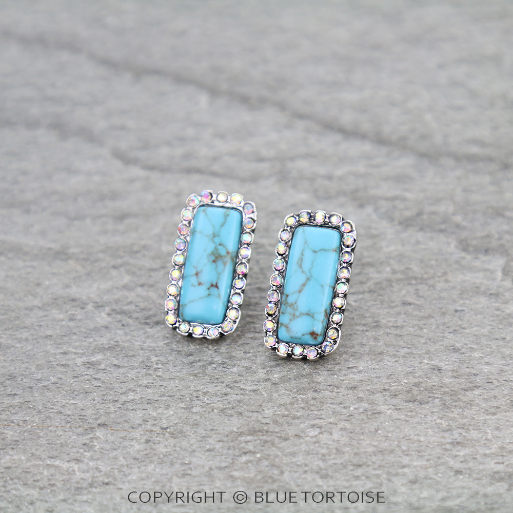 Western Rectangle Paved Stone Stud Earrings