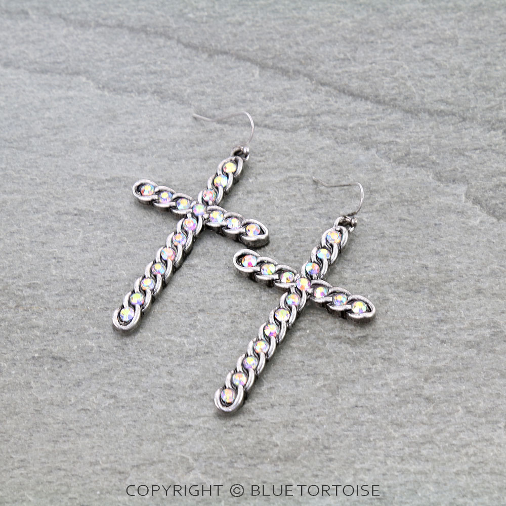 Western Chain Cross Stone Dangle Earrings