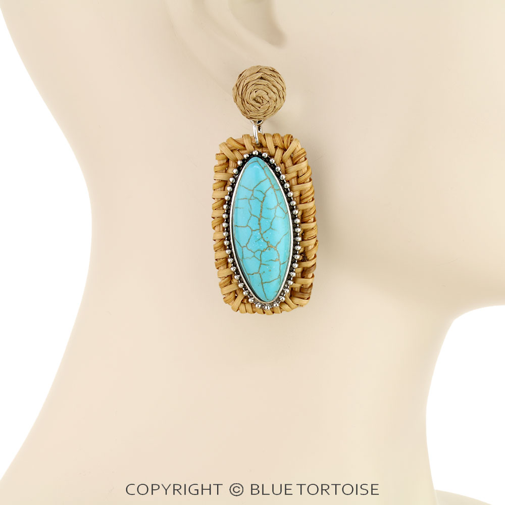 Rectangle Raffia Weaved Stone Stud Earrings - Image 2
