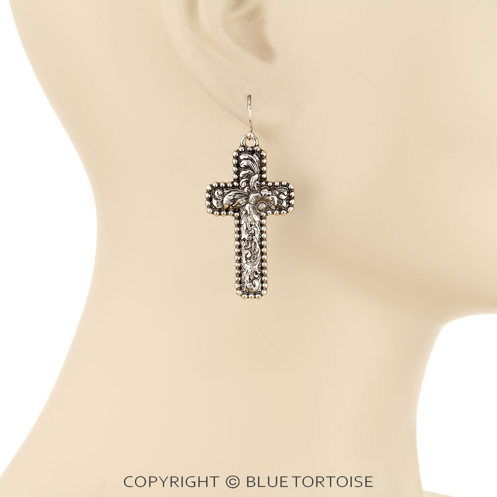 Western Filigree Cross Dangle Earrings - Image 2