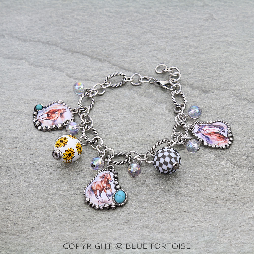 Western Horse Print Multi Charm Link Bracelet