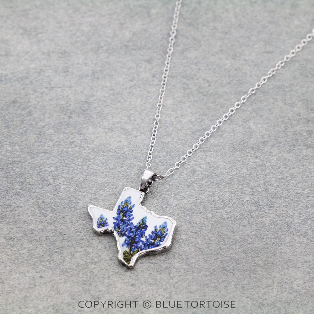 Blue Bonnet Texas Map Necklace