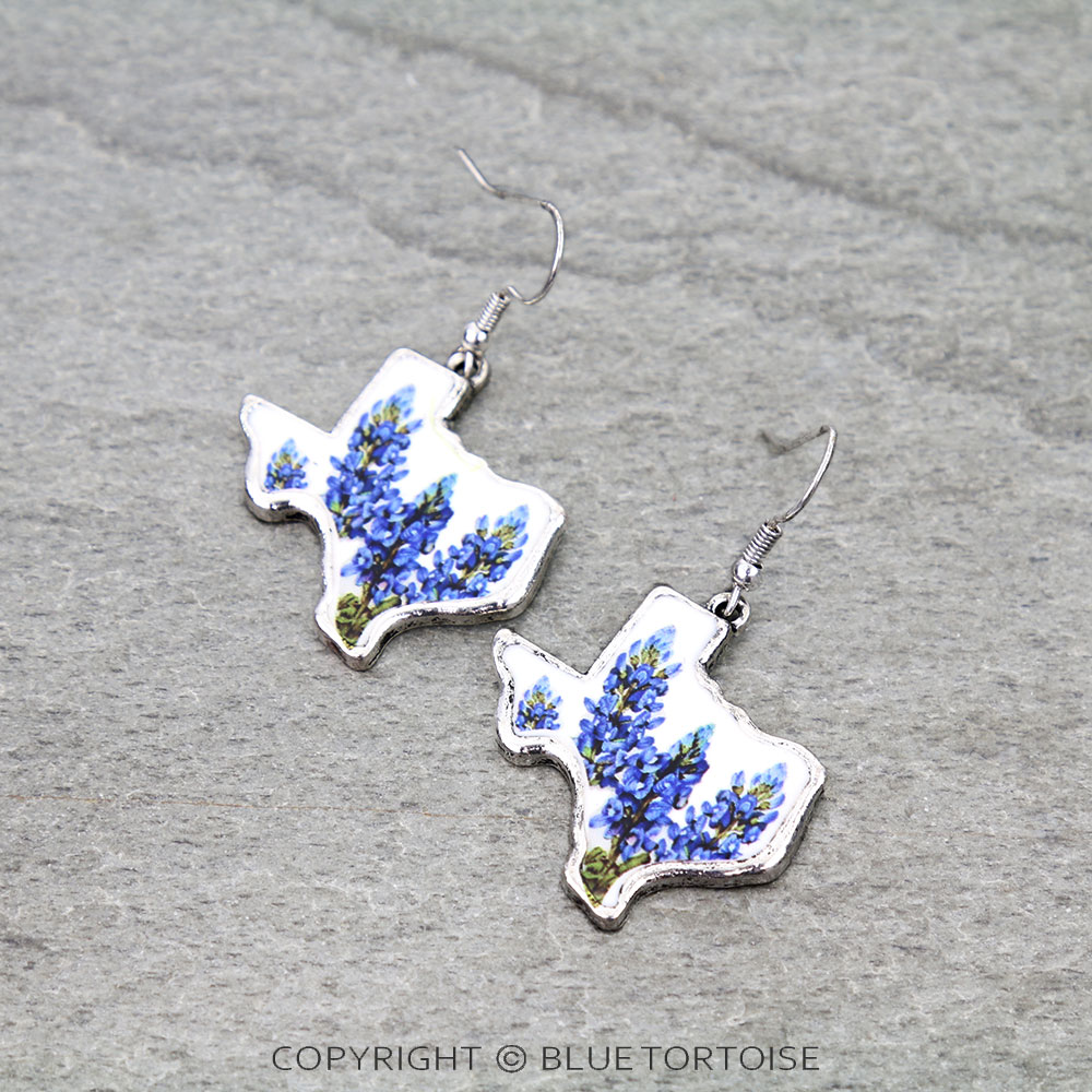 Blue Bonnet Texas Map Dangle Earrings