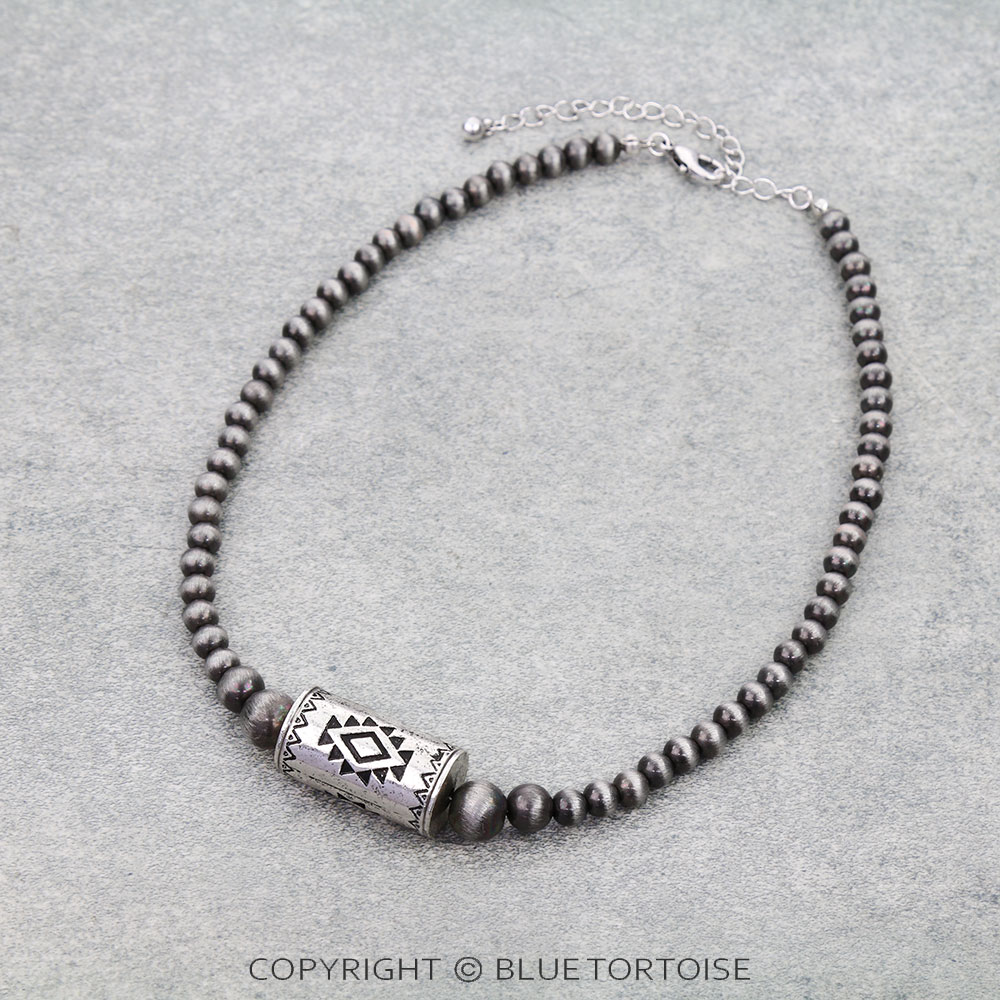 Western Navajo Style Pearl and Aztec Barrel Bead Necklace