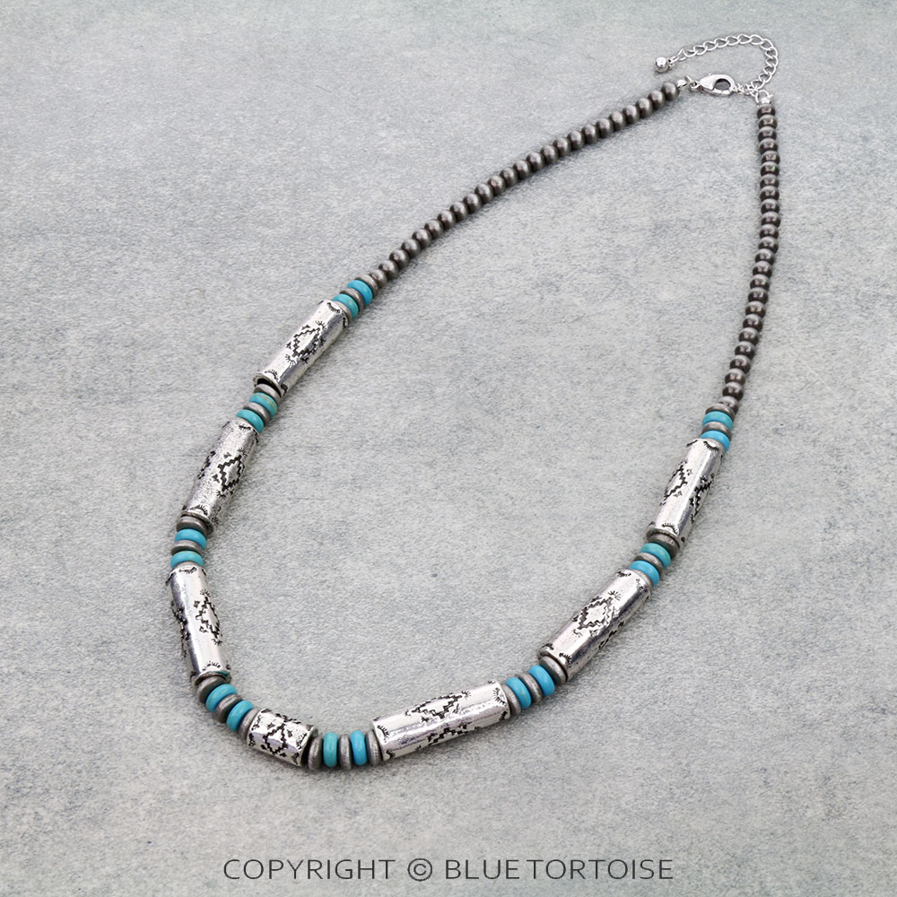 Western Navajo Style Pearl and Aztec Barrel Bead Necklace