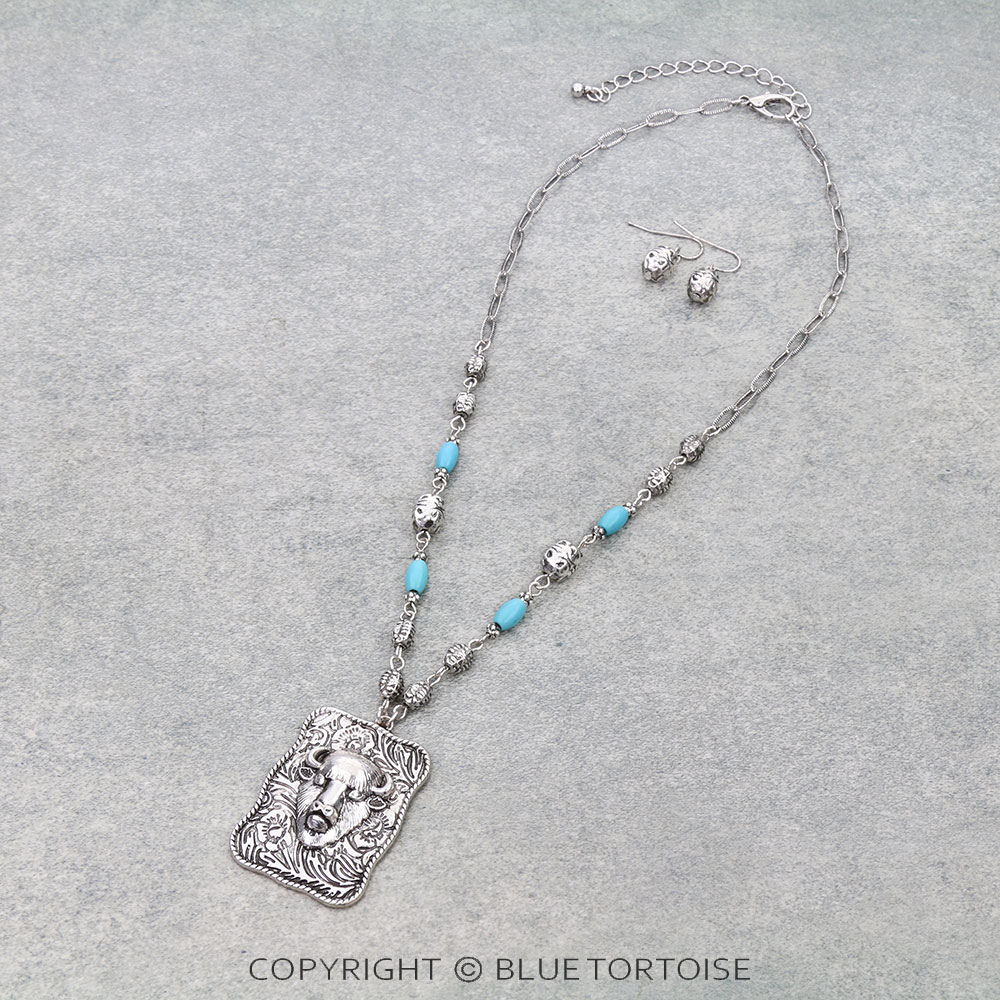 Western Cow Head Plate Necklace Set