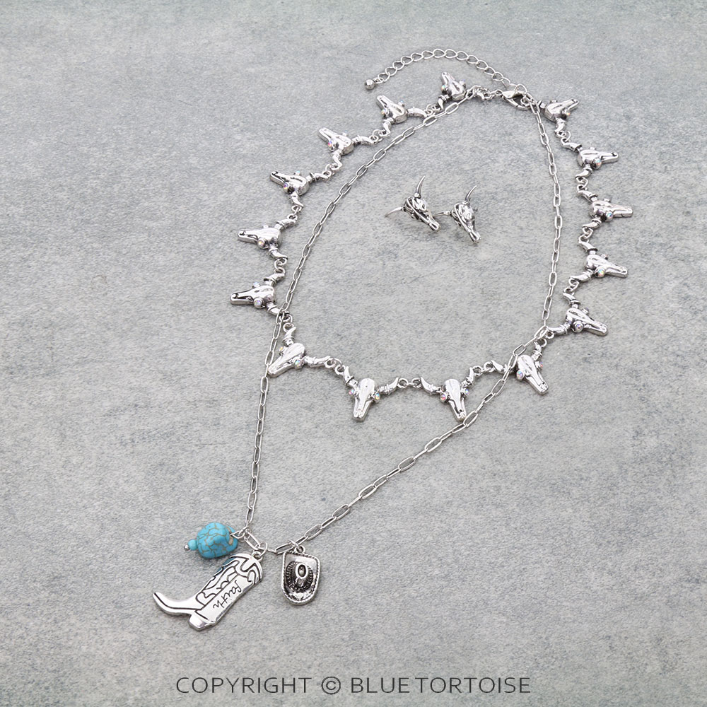 Western Steer Skull & Boot Layered Necklace Set