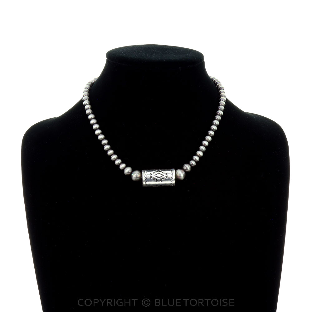 Western Navajo Style Pearl and Aztec Barrel Bead Necklace - Image 2