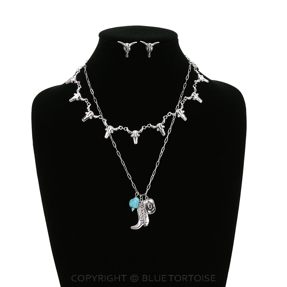 Western Steer Skull & Boot Layered Necklace Set - Image 2