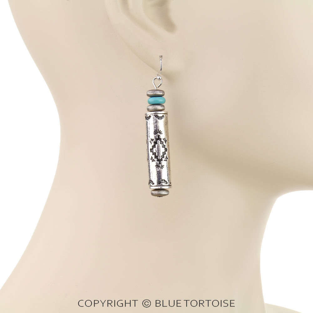 Western Navajo Style Pearl and Aztec Barrel Bead Dangle Earrings - Image 2