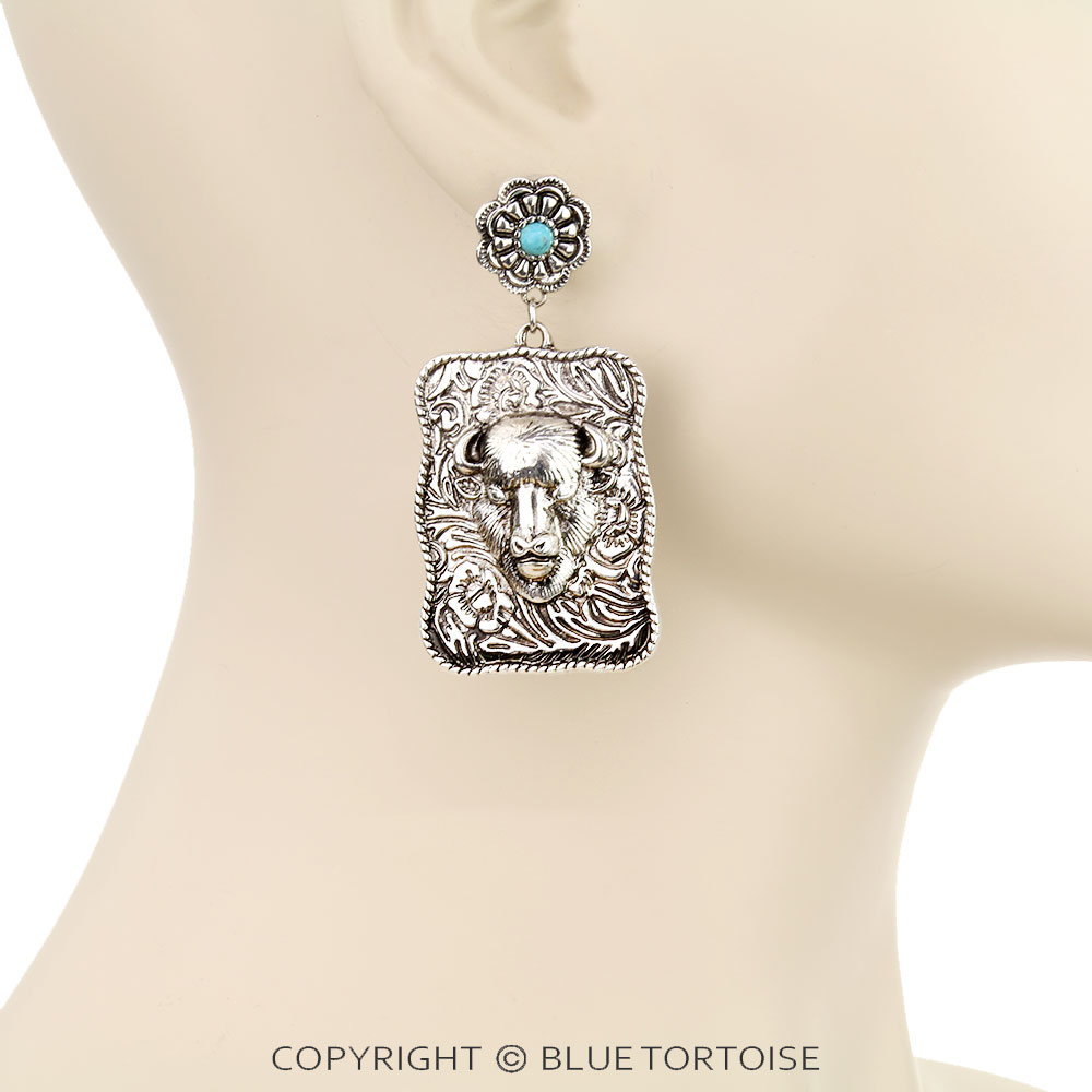 Western Cow Head Plate Stud Earrings - Image 2