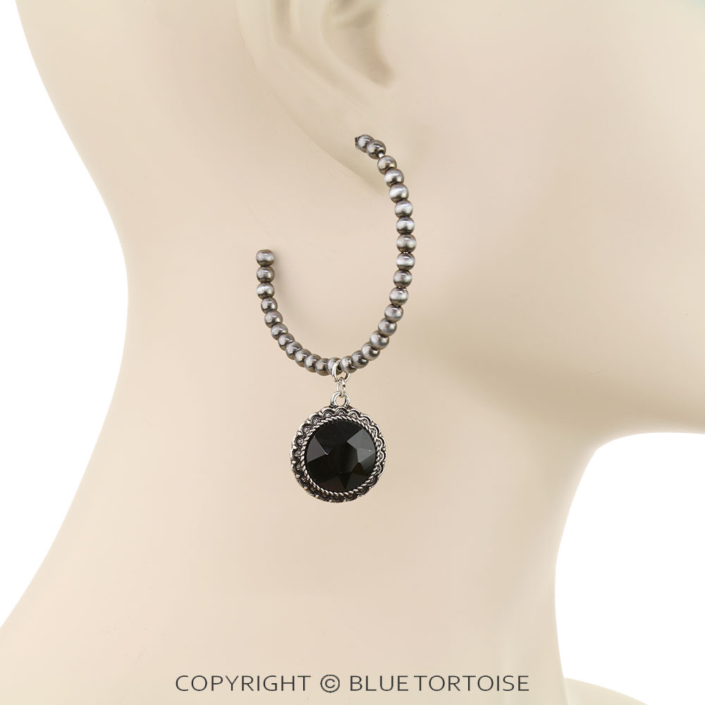 Navajo Style Pearl with Stone Hoop Earrings - Image 2