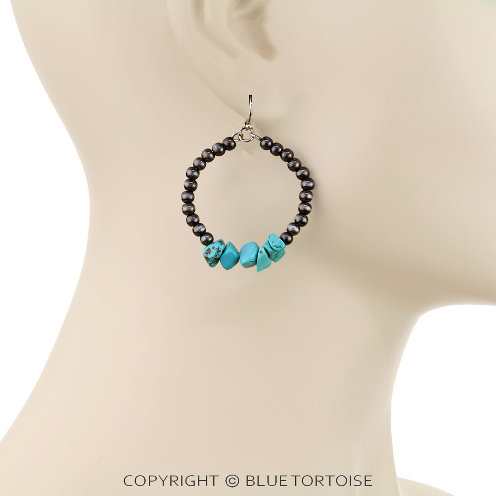 Navajo Style Pearl with Chip Stone Dangle Earrings - Image 2