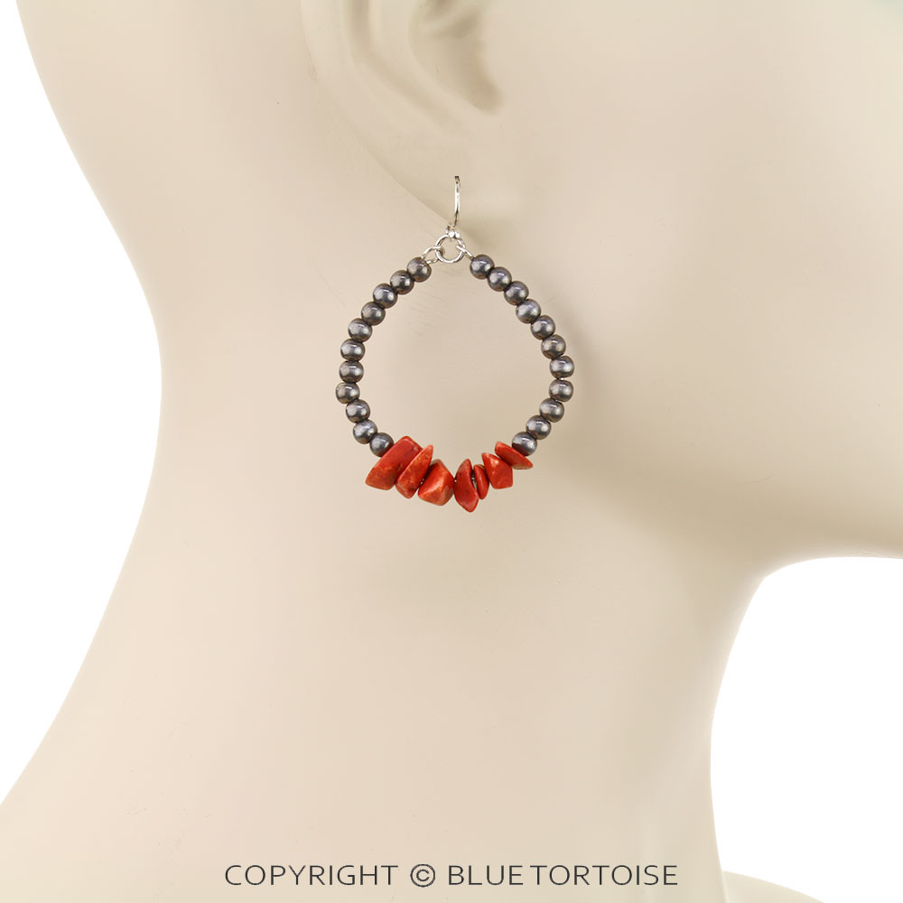 Navajo Style Pearl with Chip Stone Dangle Earrings - Image 2