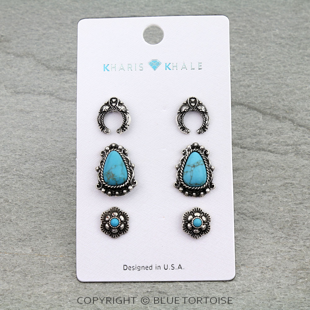 3 Pair Western Stone Earring Set