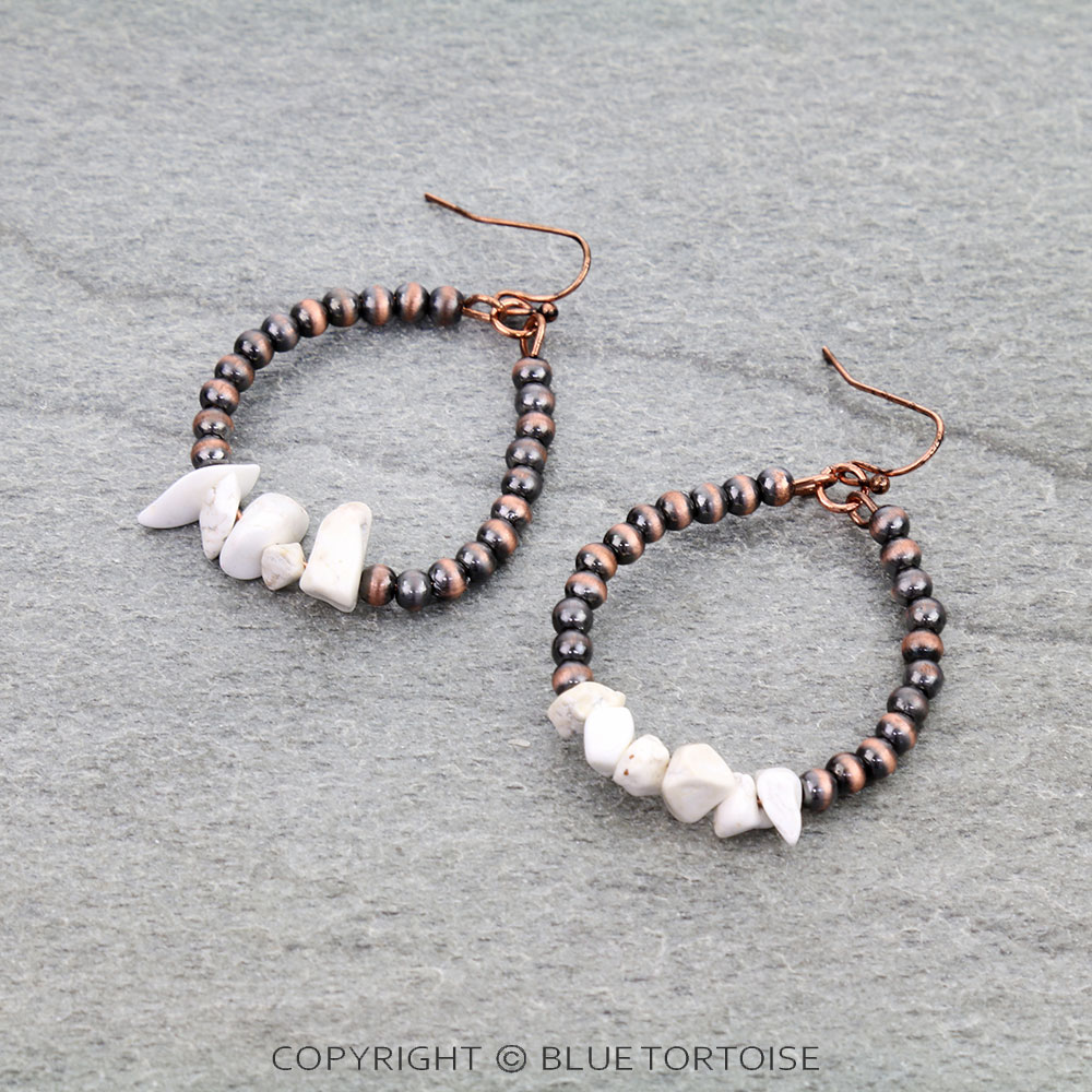 Navajo Style Pearl with Chip Stone Dangle Earrings