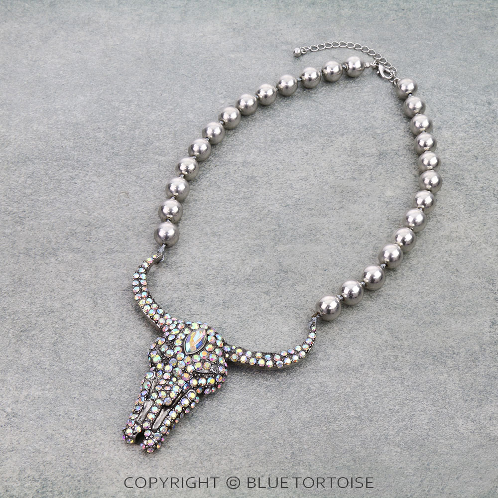 Western Stone Studded Steer Skull Necklace