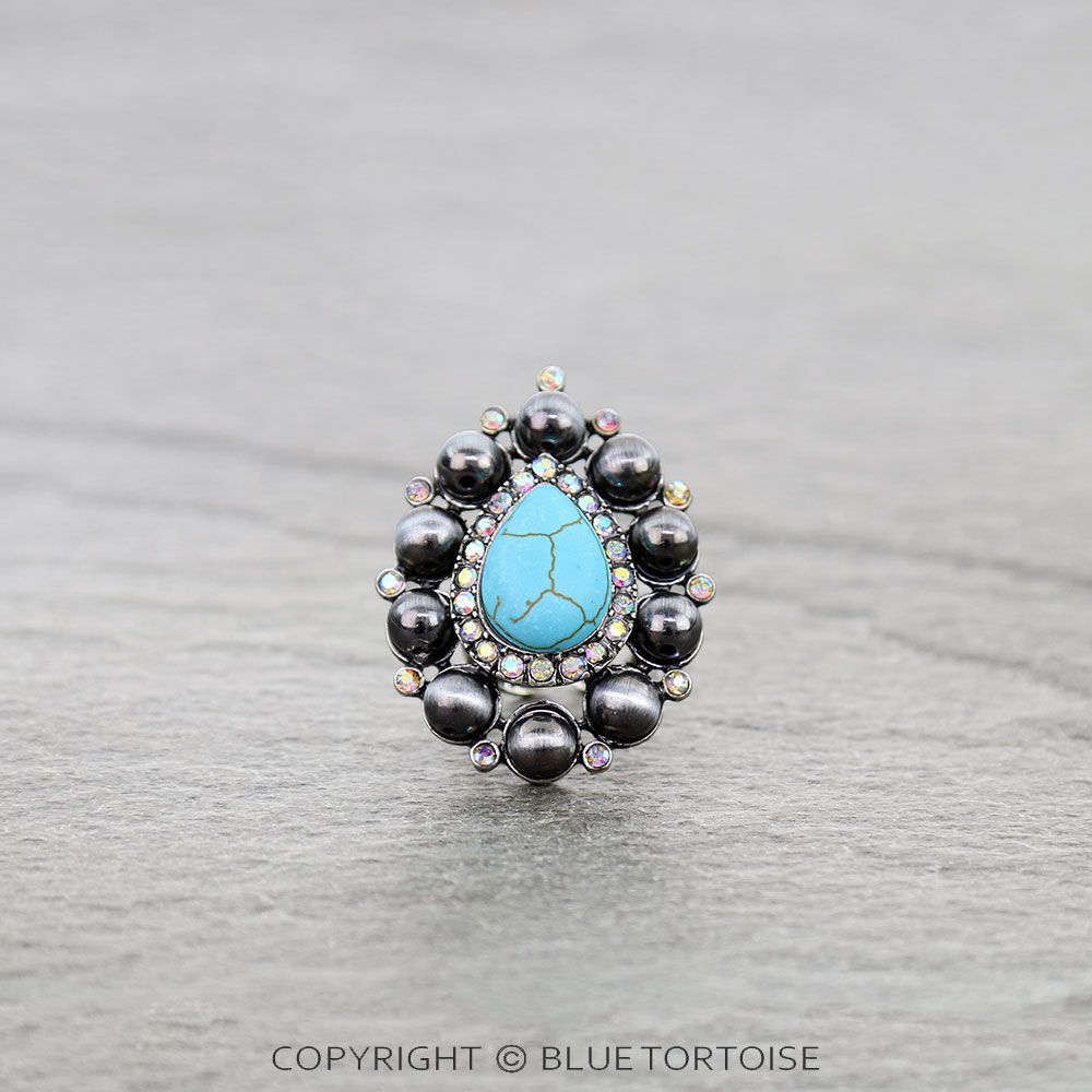 Western Teardrop Concho Stone & Pearl Adjustable Ring
