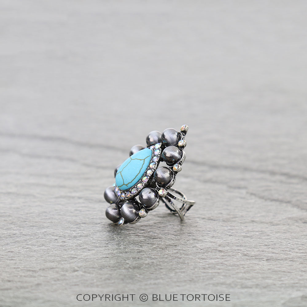 Western Teardrop Concho Stone & Pearl Adjustable Ring - Image 2