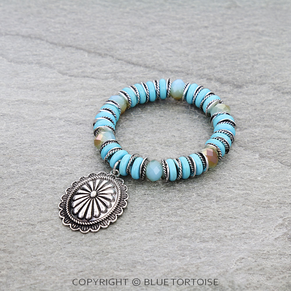 Western Concho Genuine Stone Bead Stretch Bracelet