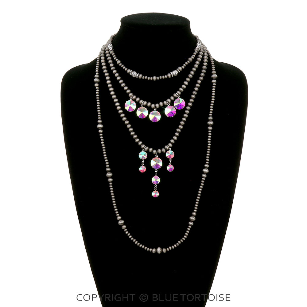 4 Layered Navajo Style Pearl & Rhinestone Necklace - Image 2
