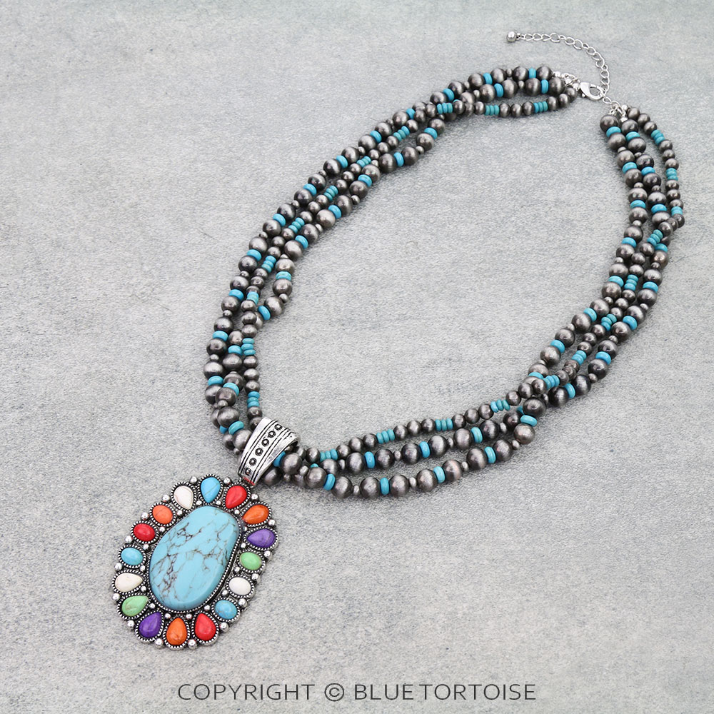 Multi Layered Western Concho Stone Pendant Necklace