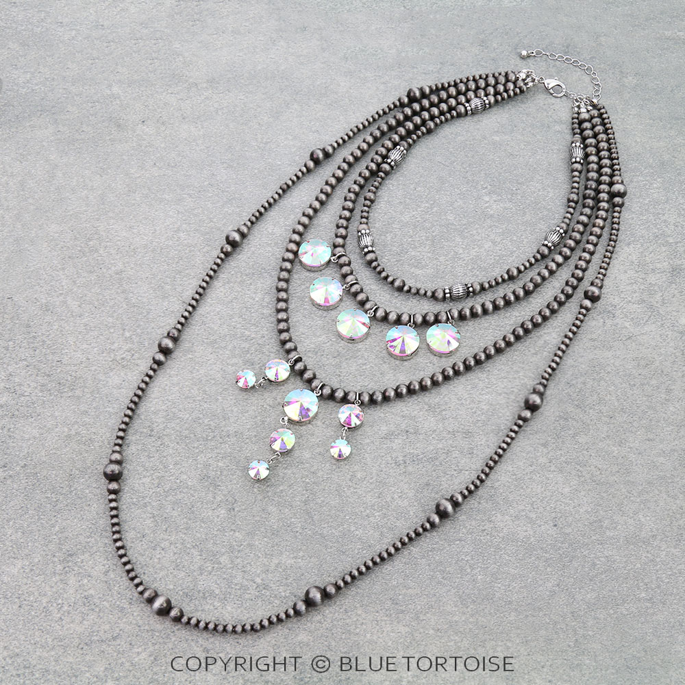 4 Layered Navajo Style Pearl & Rhinestone Necklace