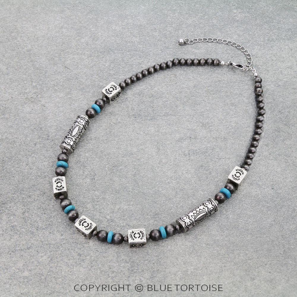 Western Navajo Style Pearl and Aztec Barrel Bead Necklace