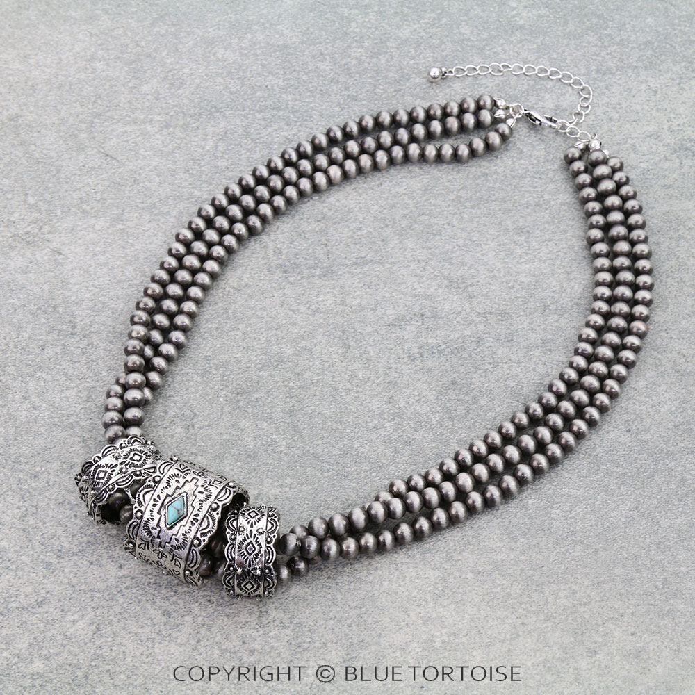 Navajo Style Pearl & Aztec Ring Necklace