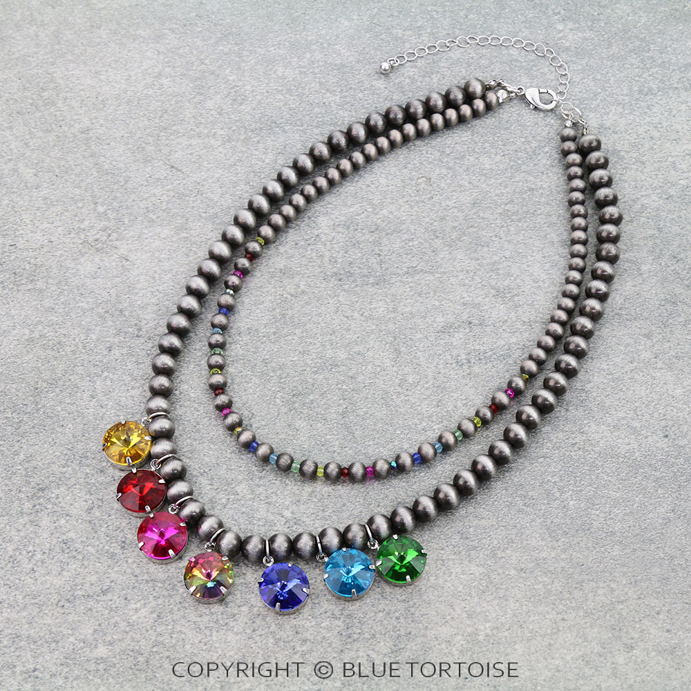 2 Layered Navajo Style Pearl & Rhinestone Necklace