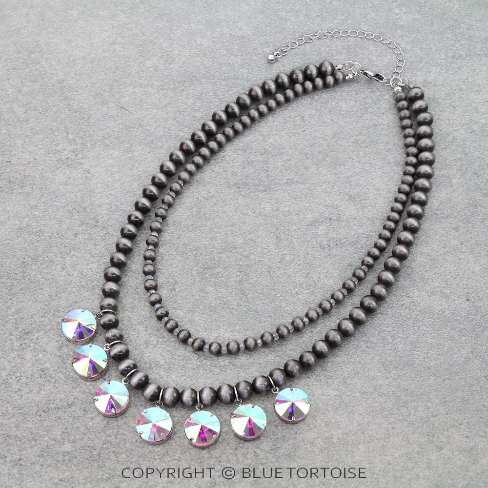 2 Layered Navajo Style Pearl & Rhinestone Necklace
