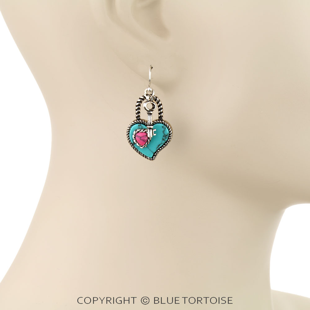 Western Heart Stone Lock Dangle Earrings - Image 2