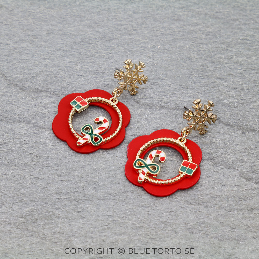Christmas Candy Cane with Snowflake Stud Earrings