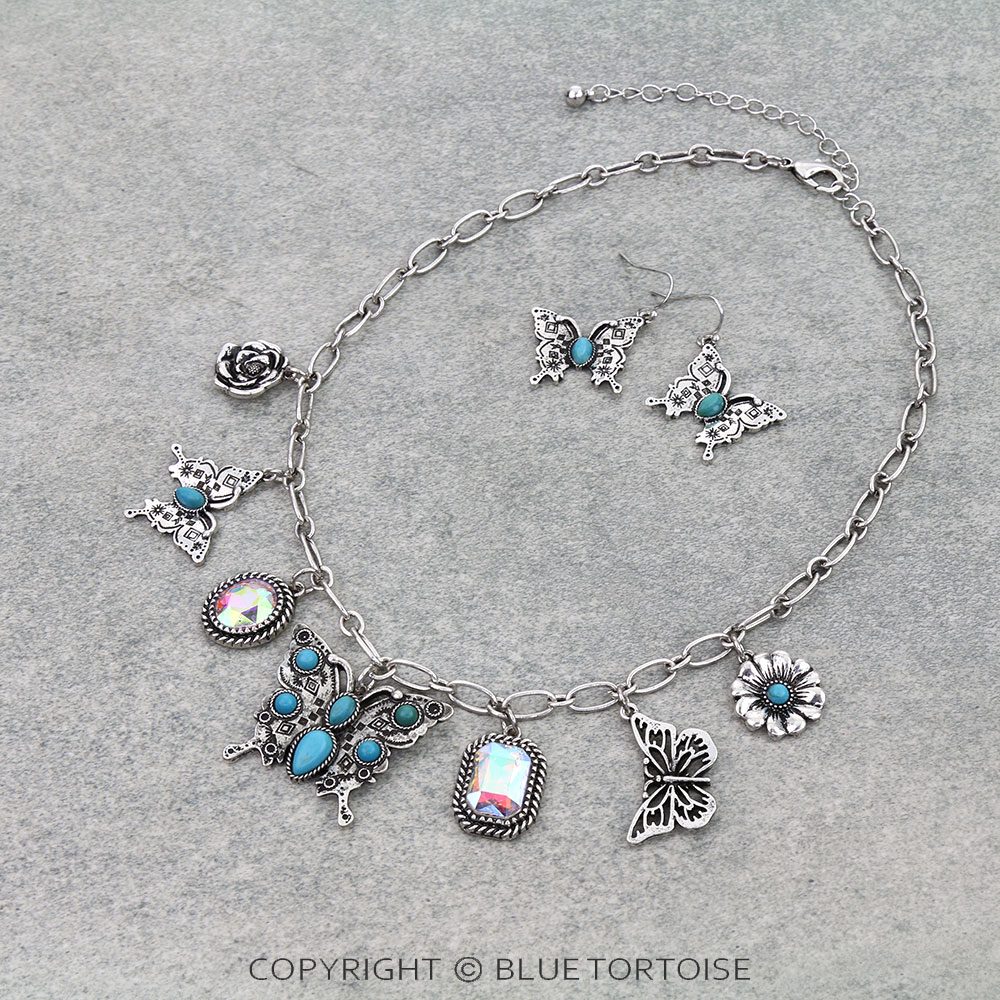 Western Butterfly Multi Charm Necklace Set