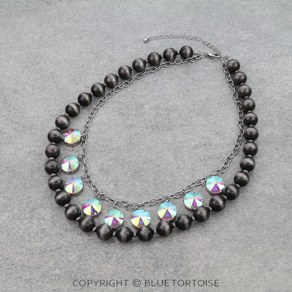 2 Layered Navajo Style Pearl & Rhinestone Necklace