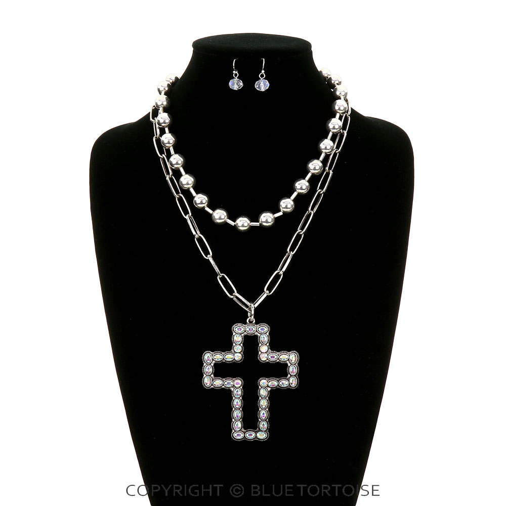 2 Layered Cross Pendant Necklace Set - Image 2