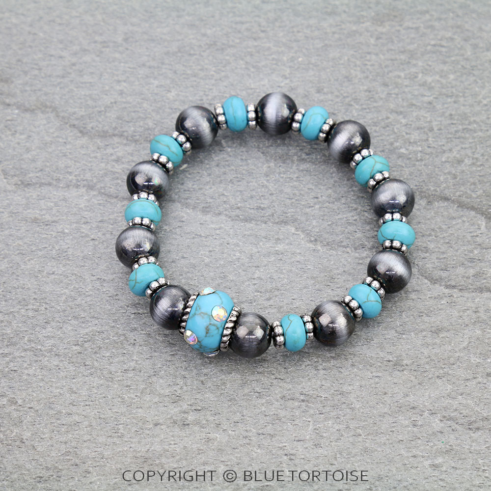 Navajo Style Pearl & Stone Stretch Bracelet