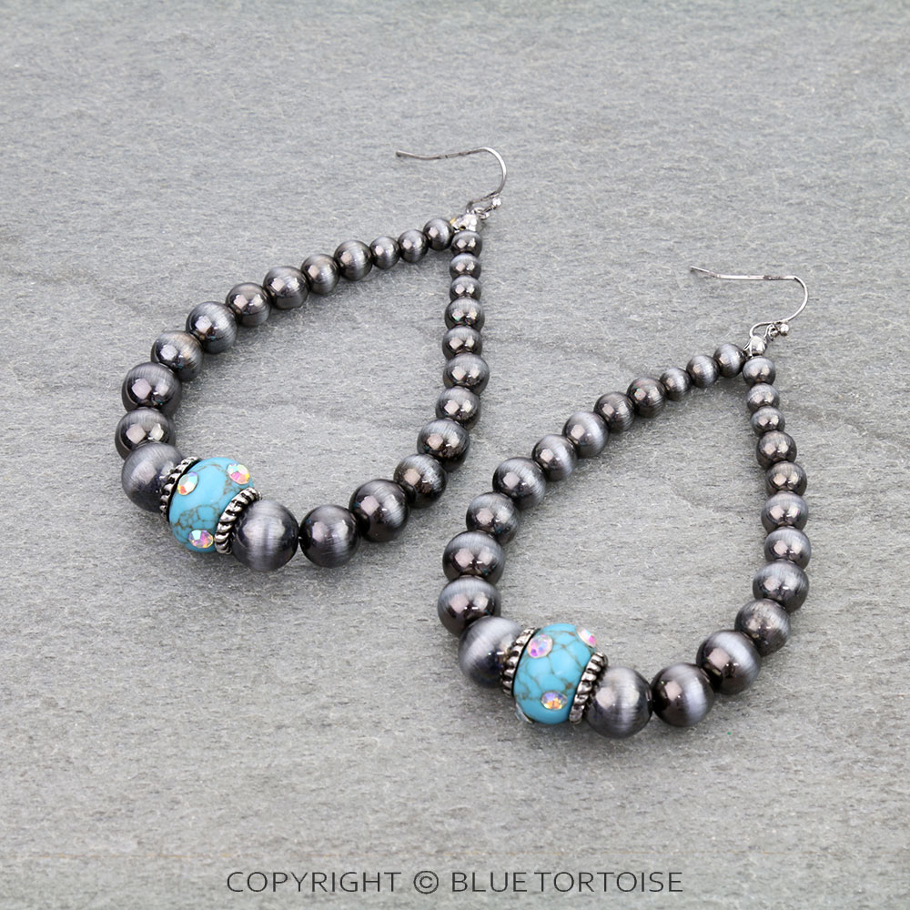 Navajo Style Pearl & Stone Teardrop Dangle Earrings
